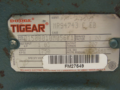 Dodge Tigear Q150B010M056K1 Worm Gearbox 10:1 Reducer 1Hp 175rpm 56C LH Output