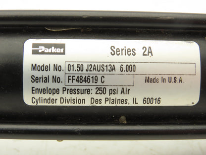 Parker J2AUS13A Pneumatic Air Cylinder 1.5" Bore 6" Adjustable Stroke 250psi