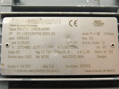 Sew Eurodrive WAF30 DR63L4/BR Brake Gearmotor 75:1 Ratio 21rpm .5Hp 230/460V