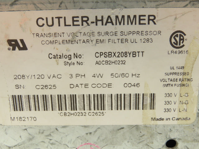 Cutler Hammer CPSBX208YBTT Transient Voltage Surge Suppressor 208Y/120 3Ph 4W
