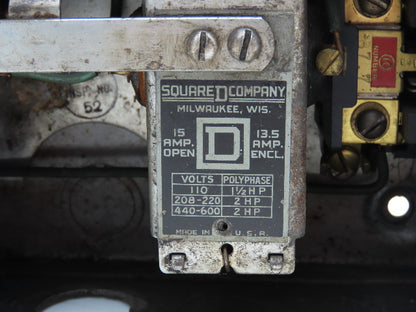 Square D 8736 RG8 Vintage Reversing Motor Starter 2Hp 600V Enclosure