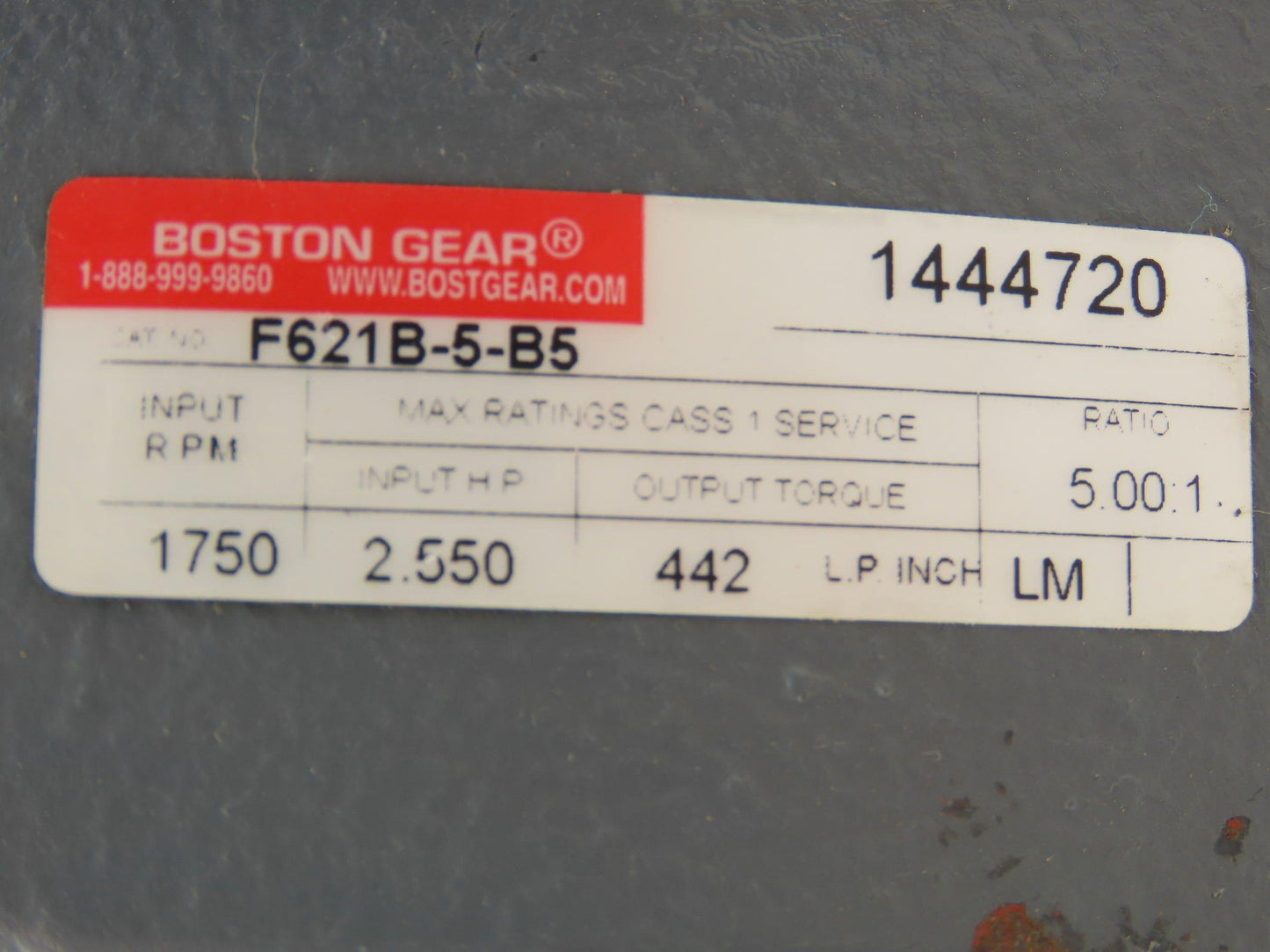 Boston Gear F621B-5-B5 Inline Helical Gearbox 5:1 Reducer 2.5Hp 350rpm 56C
