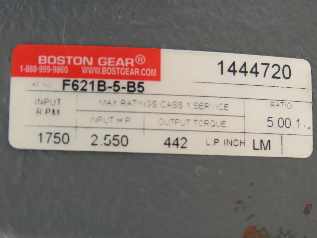 Boston Gear F621B-5-B5 Inline Helical Gearbox 5:1 Reducer 2.5Hp 350rpm 56C