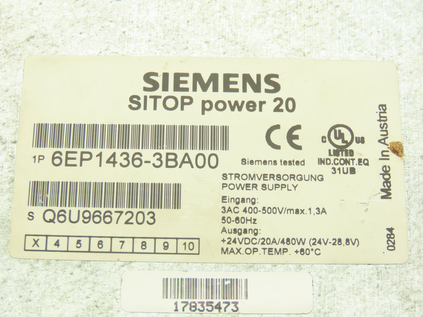 Siemens 6EP1436-3BA00 Sitop DC Power Supply 24VDC 20A Out 480VAC 3Ph 1.3A In