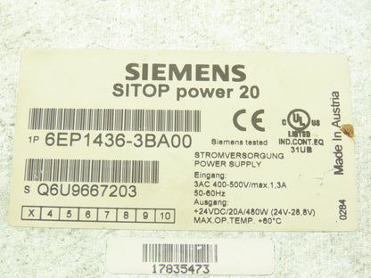Siemens 6EP1436-3BA00 Sitop DC Power Supply 24VDC 20A Out 480VAC 3Ph 1.3A In