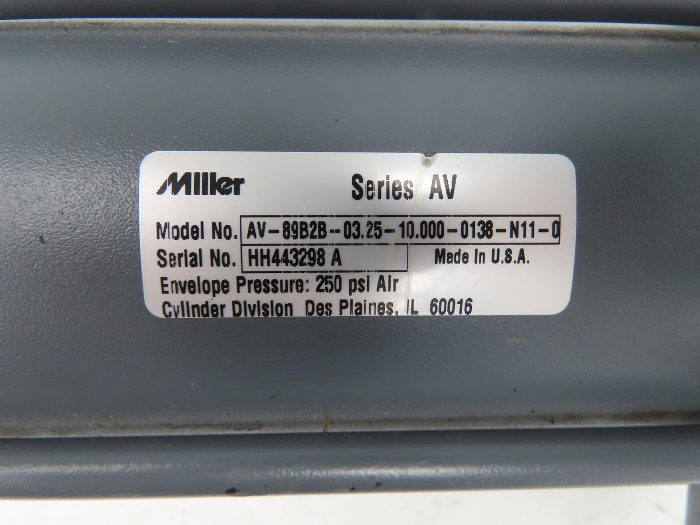 Miller Fluid Power AV-89B2B Pneumatic Air Cylinder 3.25" Bore 10" Stroke 250psi