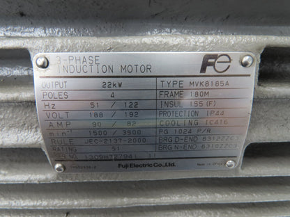 Fuji MVK8185A Electric Motor 22kw 1500/3000RPM 188/192V 180M Frame