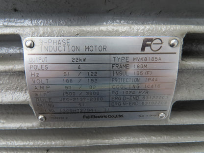 Fuji MVK8185A Electric Motor 22kw 1500/3000RPM 188/192V 180M Frame