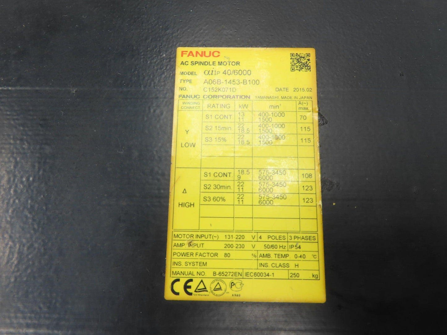 Fanuc A06B-1453-B100 AC Spindle Motor 29.5Hp 3450RPM 131-220V 3Ph