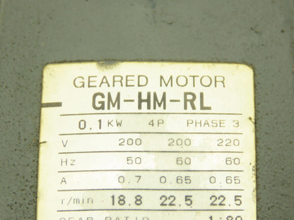 Mitsubishi GM-HM-RL Gearmotor 80:1 Reducer 0.1kw 22.5rpm 220V LH Output