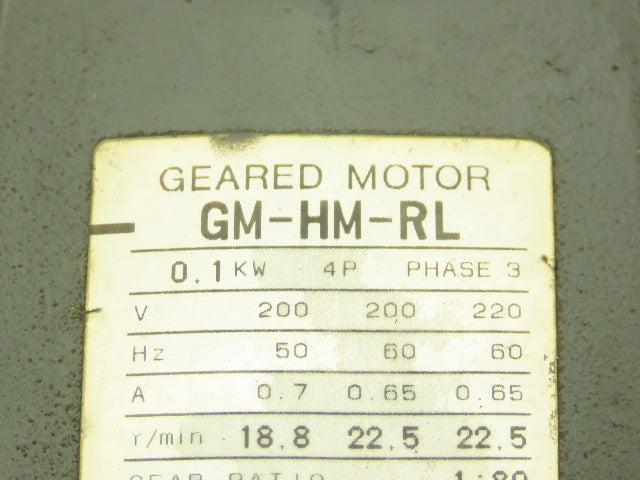 Mitsubishi GM-HM-RL Gearmotor 80:1 Reducer 0.1kw 22.5rpm 220V LH Output