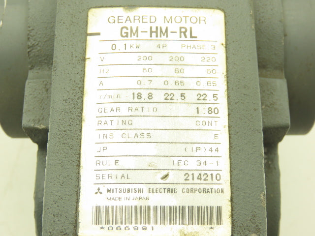 Mitsubishi GM-HM-RL Gearmotor 80:1 Reducer 0.1kw 22.5rpm 220V LH Output