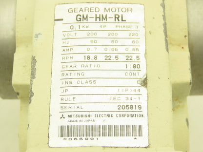 Mitsubishi GM-HM-RL Gearmotor 80:1 Reducer 0.1kw 22.5rpm 220V LH Output