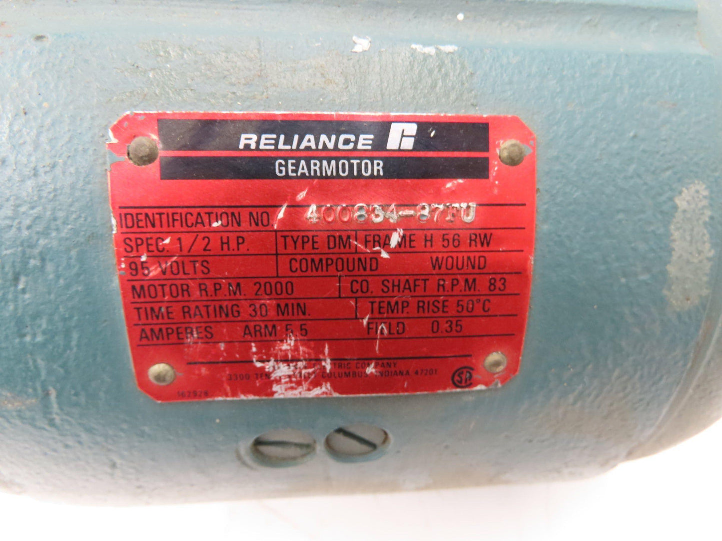 Reliance DC Gearmotor 1/2Hp 95V 83rpm 24:1 Reducer LH Output 56 Fr 30/Min Duty