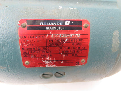 Reliance DC Gearmotor 1/2Hp 95V 83rpm 24:1 Reducer LH Output 56 Fr 30/Min Duty