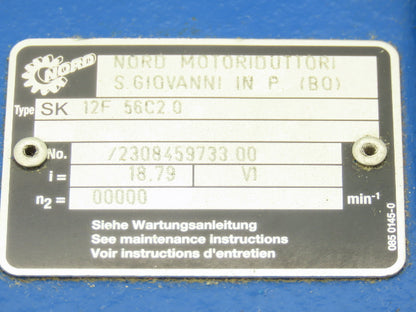Nord SK 12F 56C2.0 Inline Gearbox 19:1 Reducer 93rpm 56C