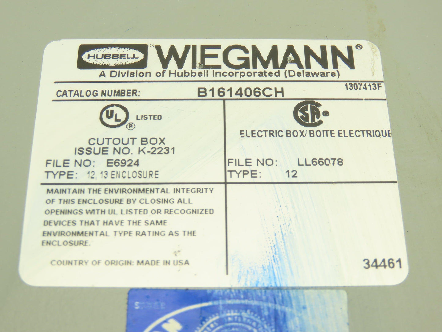Wiegmann B161406CH Electrical Enclosure Control Panel with Backplate 16x14x6"