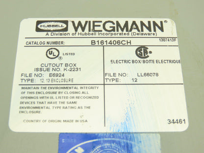 Wiegmann B161406CH Electrical Enclosure Control Panel with Backplate 16x14x6"