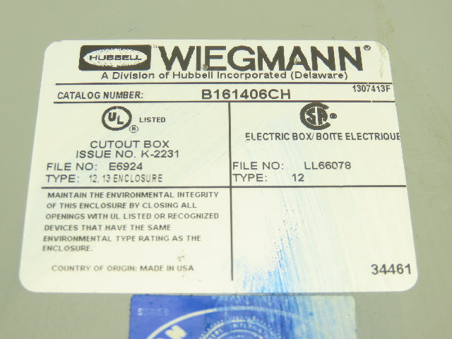 Wiegmann B161406CH Electrical Enclosure Control Panel with Backplate 16x14x6"