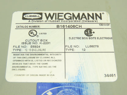 Wiegmann B161406CH Electrical Enclosure Control Panel with Backplate 16x14x6"