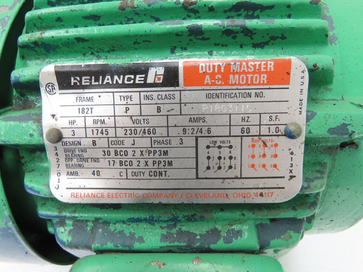 Reliance P18G311C Duty Master AC Motor 3Hp 1745 RPM 230/460V 3PH 182T