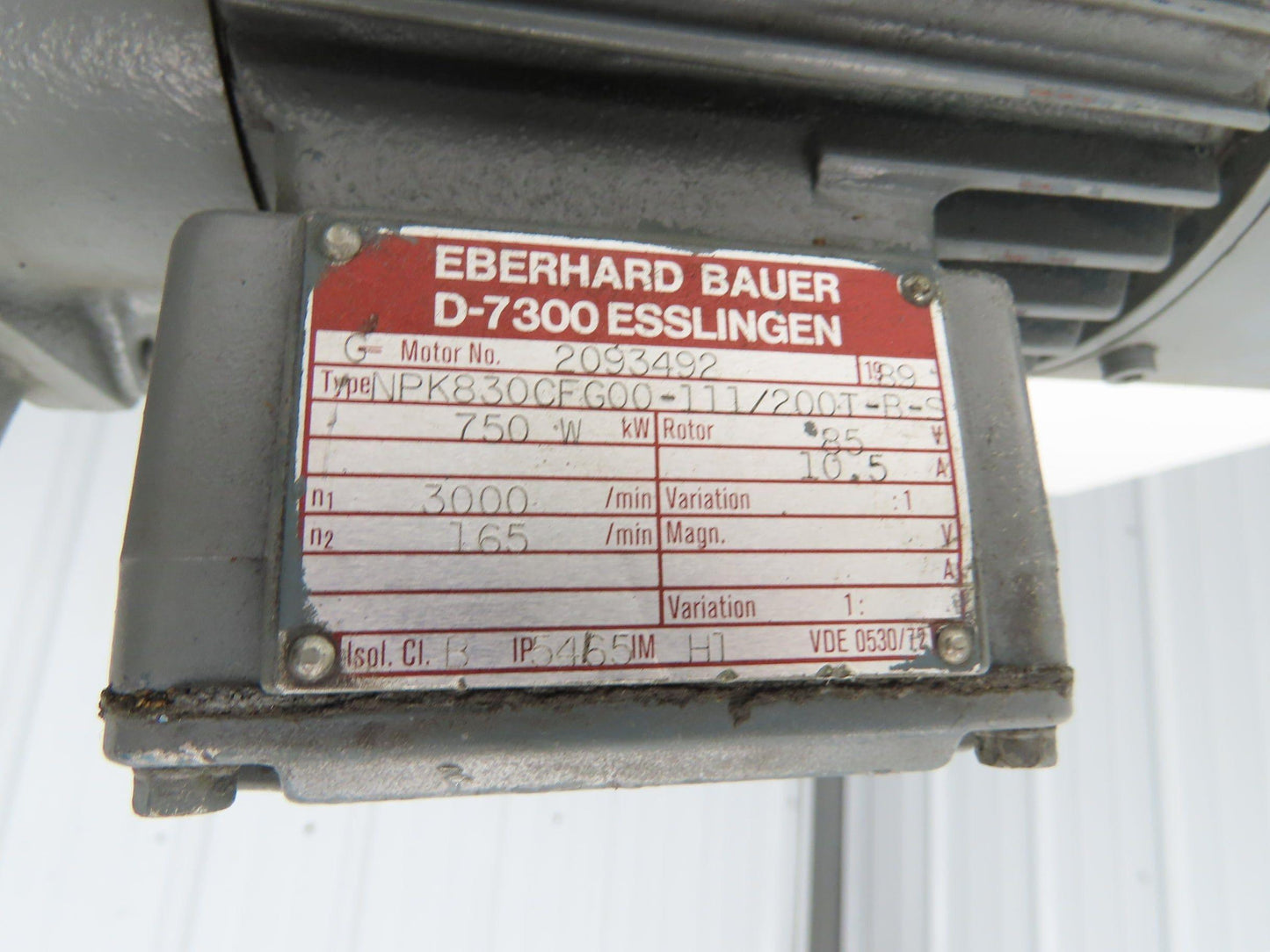 Bauer NPK830CFG00-111/200T-B-S Brake Gearmotor 165rpm 18:1 750W 85V w/Tacho