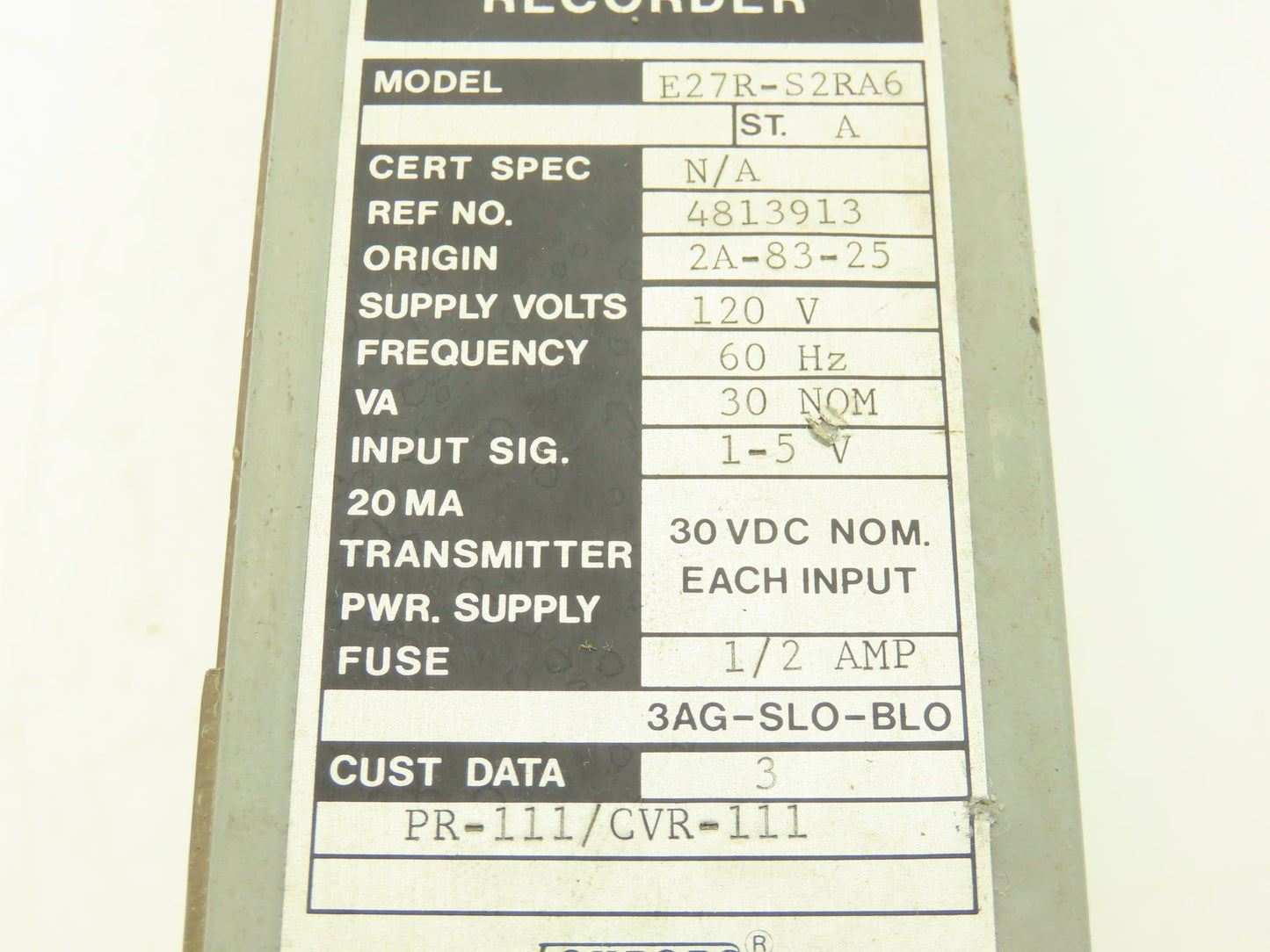 Foxboro PR-111/CVR-111 E27R-S2RA6 M/62H HMI Recorder 120VAC Supply 30VDC Output