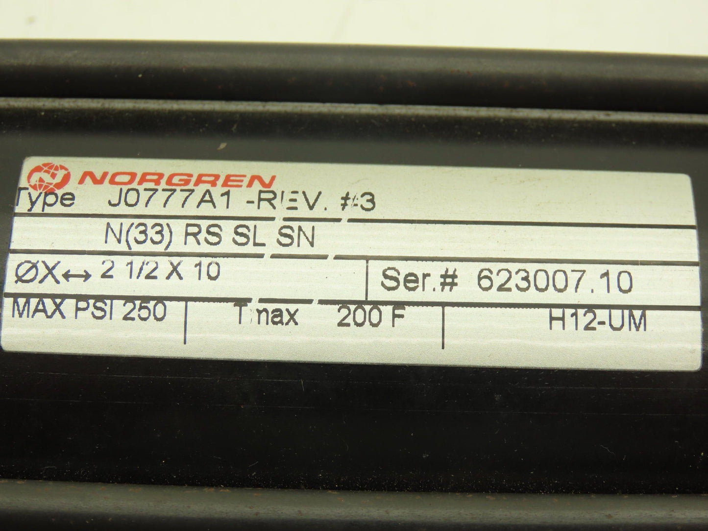 Norgren N(33)RS SL SN Pneumatic Air Cylinder 2-1/2" Bore 10" Stroke 250psi