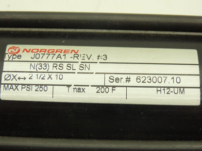Norgren N(33)RS SL SN Pneumatic Air Cylinder 2-1/2" Bore 10" Stroke 250psi