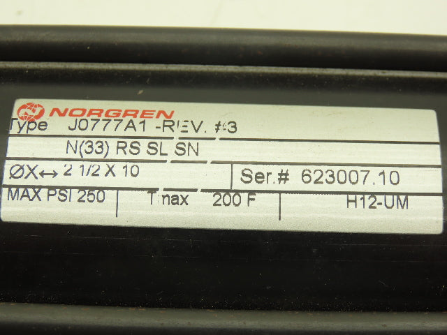 Norgren N(33)RS SL SN Pneumatic Air Cylinder 2-1/2" Bore 10" Stroke 250psi