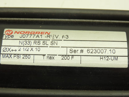 Norgren N(33)RS SL SN Pneumatic Air Cylinder 2-1/2" Bore 10" Stroke 250psi