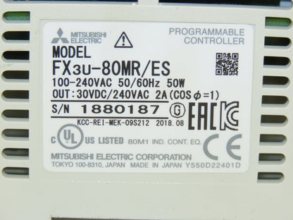 Mitsubishi Electric Melsec FX3U-80MR/ES Programmable Controller PLC Input Output