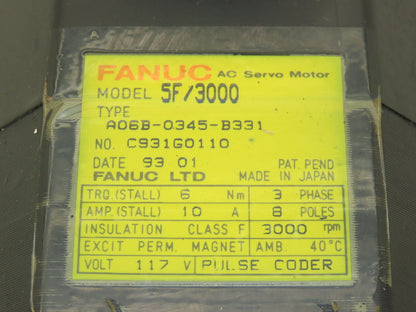 Fanuc A06B-0345-B331 AC Servo Motor 117V 3000 RPM