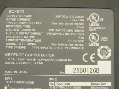 Keyence SC-S11 Safety Controller Relay 24VDC 25ms