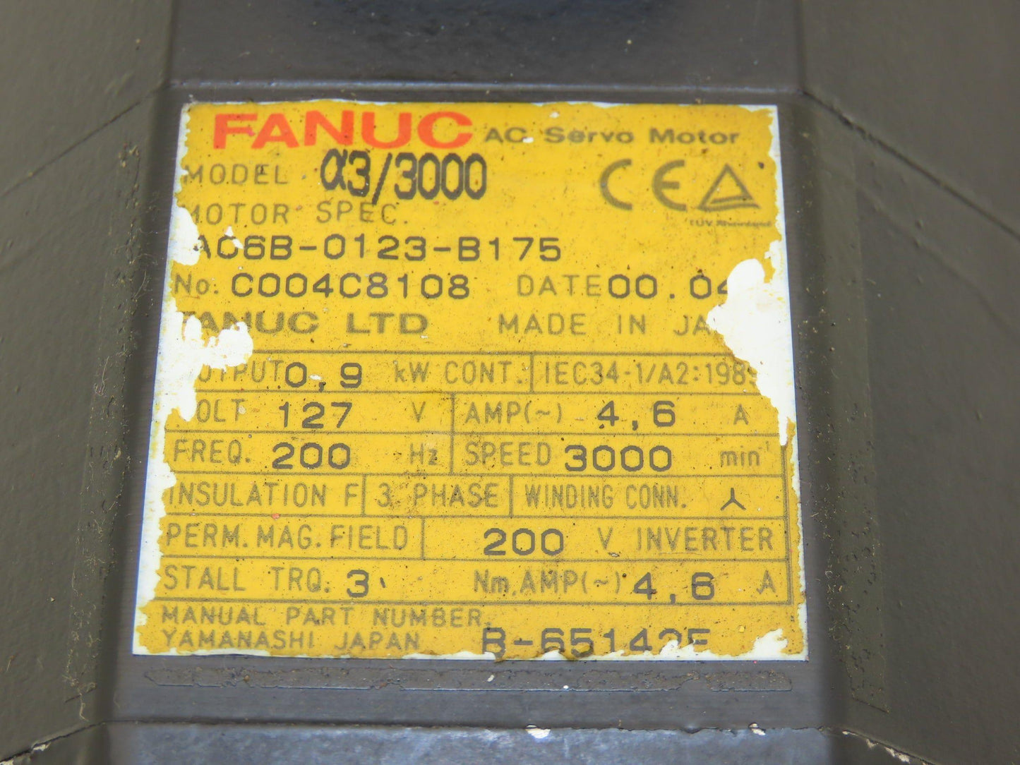 Fanuc A06B-0123-B175 AC Servo Motor 2.5kW 184v 3Ph 3000RPM Encoder A8600360V501