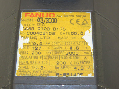 Fanuc A06B-0123-B175 AC Servo Motor 2.5kW 184v 3Ph 3000RPM Encoder A8600360V501
