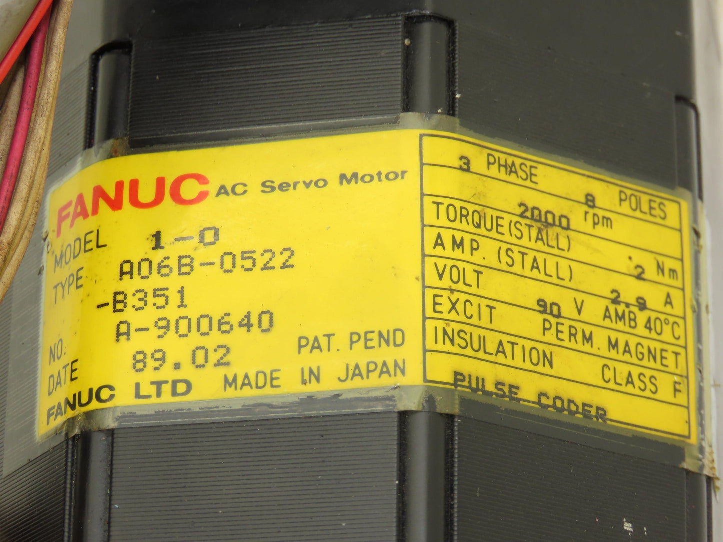 Fanuc A06B-0522-B351 AC Servo Motor 0.5kW 90v 3Ph 2000RPM Encoder A8600321T131