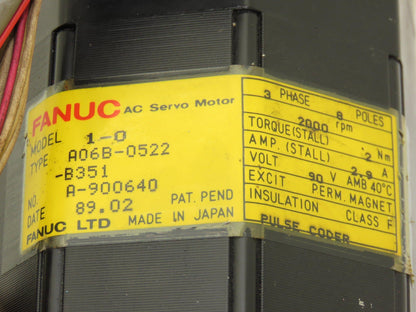 Fanuc A06B-0522-B351 AC Servo Motor 0.5kW 90v 3Ph 2000RPM Encoder A8600321T131