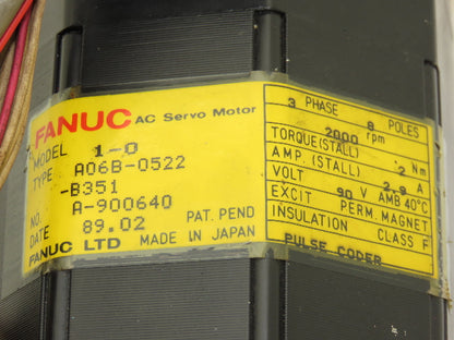 Fanuc A06B-0522-B351 AC Servo Motor 0.5kW 90v 3Ph 2000RPM Encoder A8600321T131