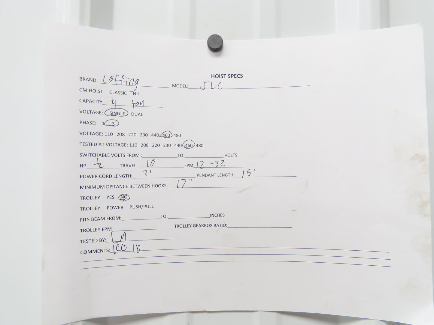 Coffing JLC 1/4 Ton Electric Chain Hoist 12/32 FPM 2 Speed 10' Lift 460V 3PH