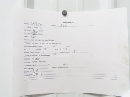 Coffing JLC 1/4 Ton Electric Chain Hoist 12/32 FPM 2 Speed 10' Lift 460V 3PH