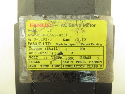 Fanuc A06B-0542-B231 AC Servo Motor 111v 3Ph 2000RPM Encoder A8600320T011
