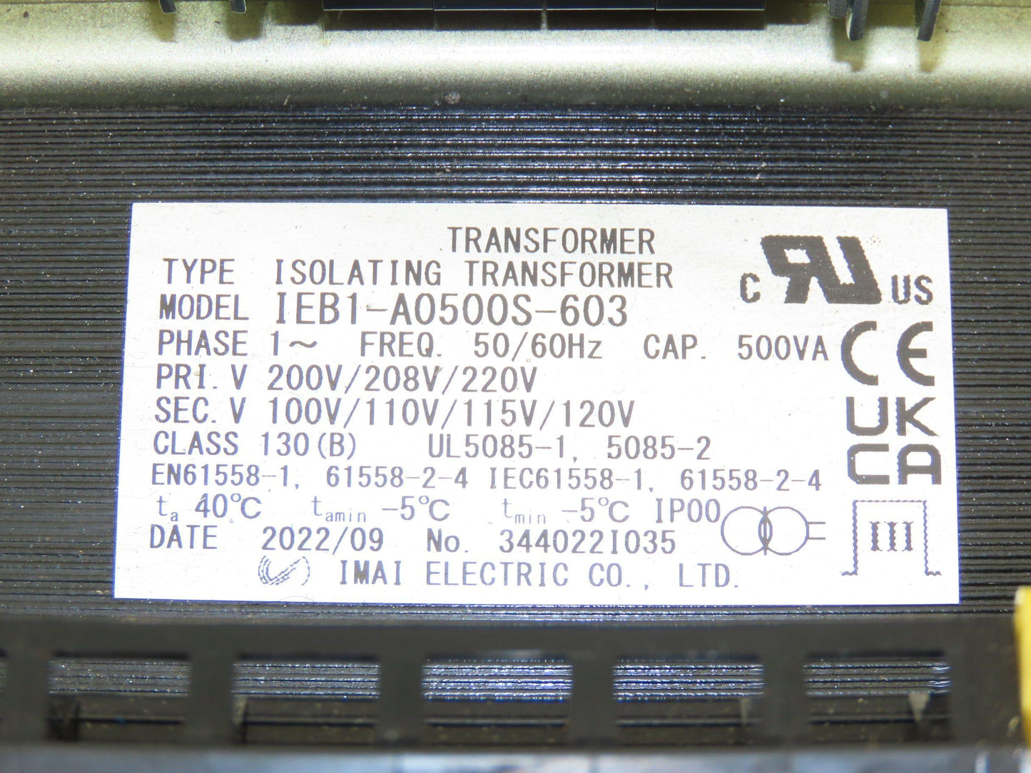 Imai IEB1-A0500S-603 Transformer 500VA 1Ph HV 200/208/220 LV 100/110/115/120