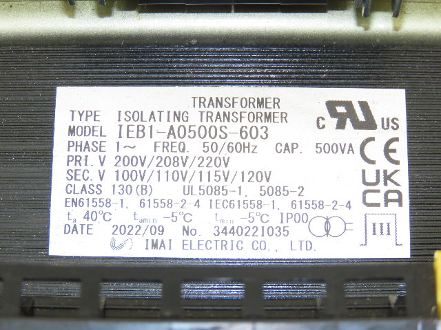 Imai IEB1-A0500S-603 Transformer 500VA 1Ph HV 200/208/220 LV 100/110/115/120
