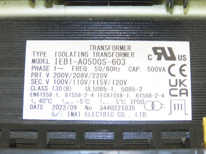 Imai IEB1-A0500S-603 Transformer 500VA 1Ph HV 200/208/220 LV 100/110/115/120