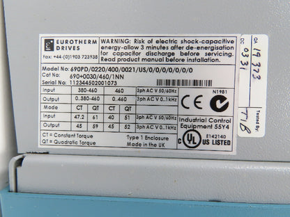 SSD Eurotherm 690+0030/460/1NN Integrator 690+ VFD AC Drive 30Hp 460VAC 3Ph