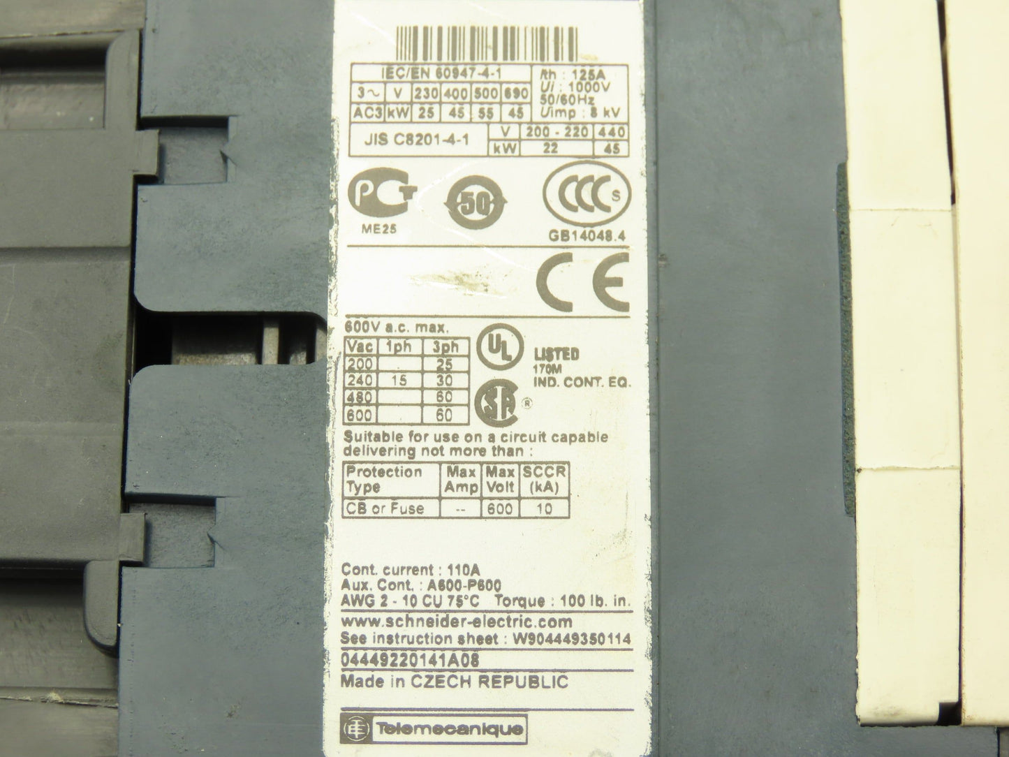 Schneider Electric LC1D95 Motor Starter 60Hp 600V 3Ph 110A 45698 AWG Coil 110VAC