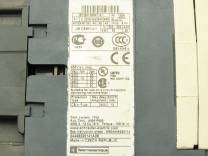 Schneider Electric LC1D95 Motor Starter 60Hp 600V 3Ph 110A 45698 AWG Coil 110VAC