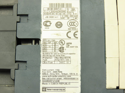 Schneider Electric LC1D95 Motor Starter 60Hp 600V 3Ph 110A 45698 AWG Coil 110VAC