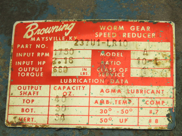 Browning 237U1-LR10 Worm Gearbox 10:1 Reducer 2Hp 175 RPM Dual Shaft Output